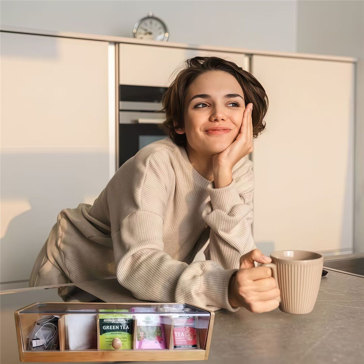 Bamboo Wood and Acrylic Tea Box with 5 Sections,Coffee Station Kitchen Tea Organizer with Compartments, 14.17" x 4.33" x 3.74"
