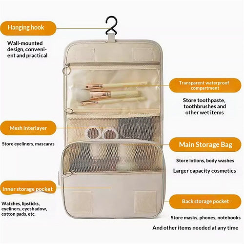 1 pack all Hanging Travel Toiletry Bag, Foldable Cosmetic Bag with Multiple Compartments, Water-Resistant Makeup Bag for Toiletries, Accessories (Beige,only bag)