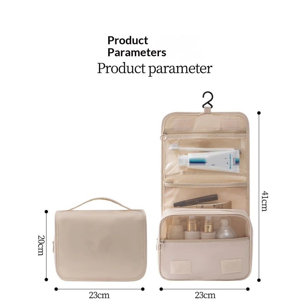 1 pack all Hanging Travel Toiletry Bag, Foldable Cosmetic Bag with Multiple Compartments, Water-Resistant Makeup Bag for Toiletries, Accessories (Beige,only bag)