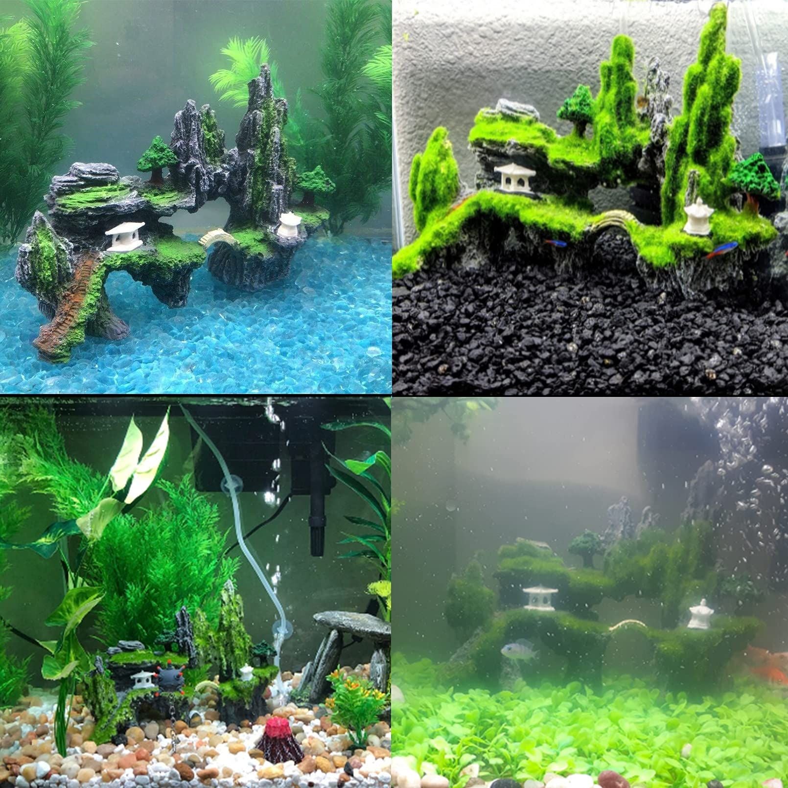 Fish Tank Mountain View Decoration Aquarium Stone Ornament Bridge with Moss Tree House Cave for Small Betta Shrimp Hide