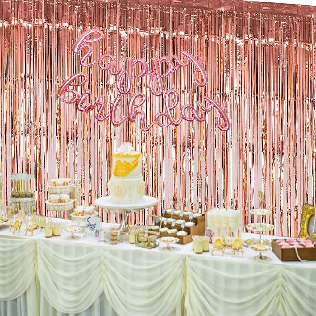 Rose Gold Christmas Foil Fringe Curtains Christmas Party Decoration, 3 Pcs 3.3ft x6.6ft Photo Booth Backdrop, Streamers Backdrop for Bachelorette Graduation Wedding Birthday
