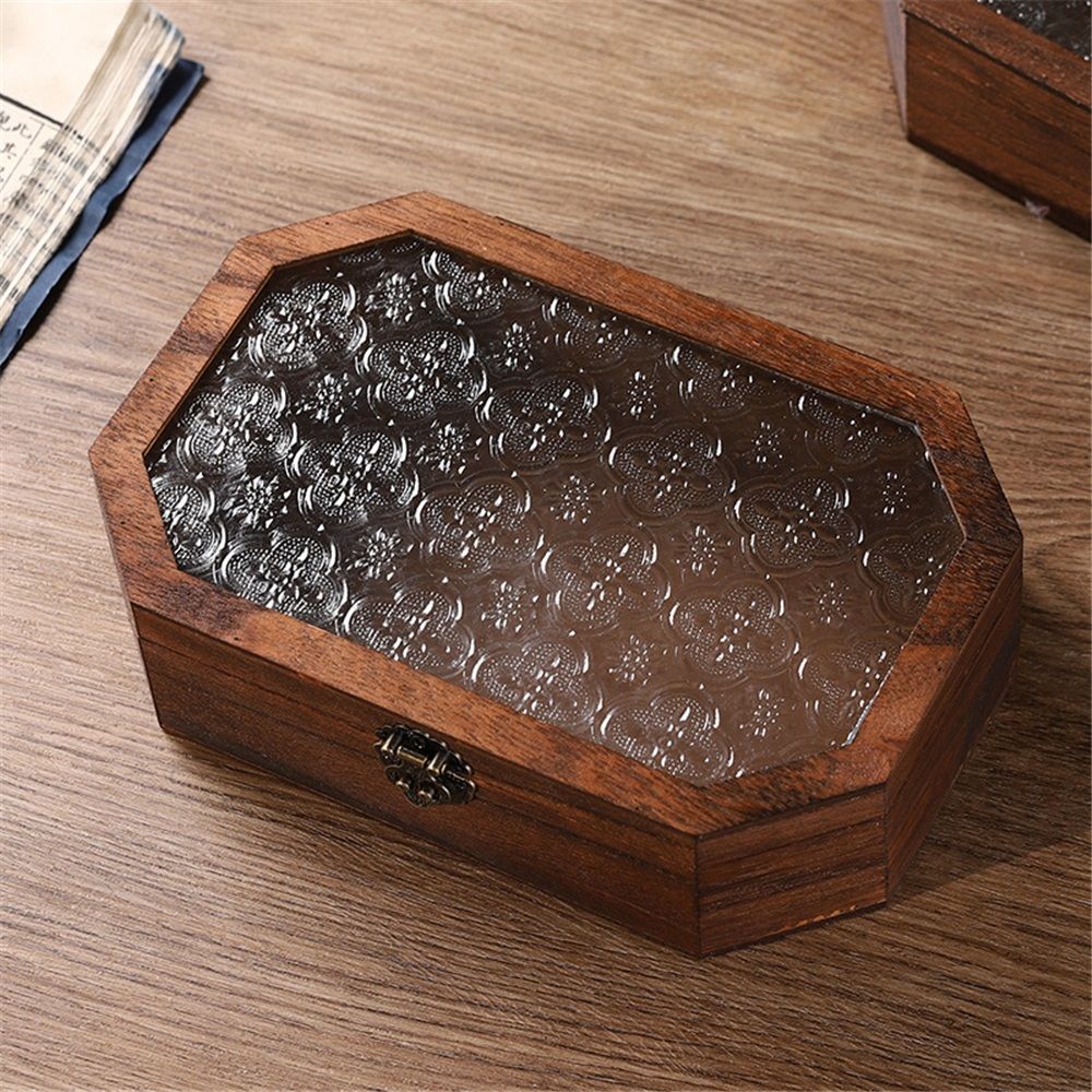 Wooden Glass Top Jewelry Display Case with Hinge ,Dark Brown Color, for Jewelry Cosmetics Stationery Organization (Medium)