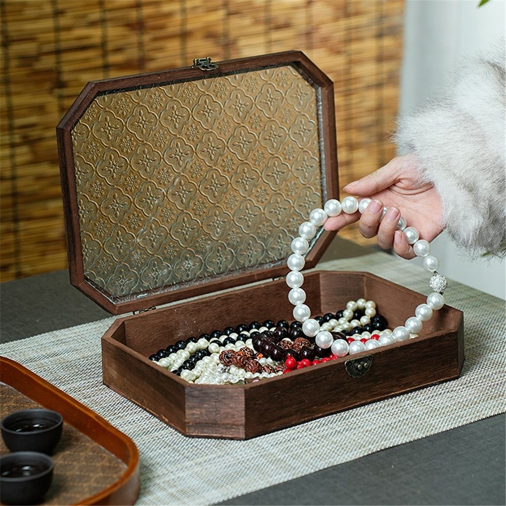 Wooden Glass Top Jewelry Display Case with Hinge ,Dark Brown Color, for Jewelry Cosmetics Stationery Organization (Medium)