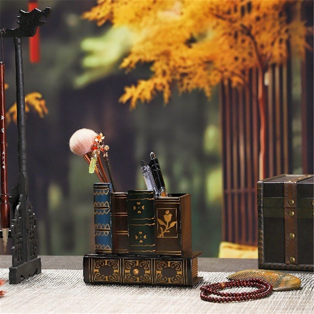 Decorative Desk Organizer Caddy, Pencil and Pen Holder with Bottom Storage Drawer and Antique Library Books Design