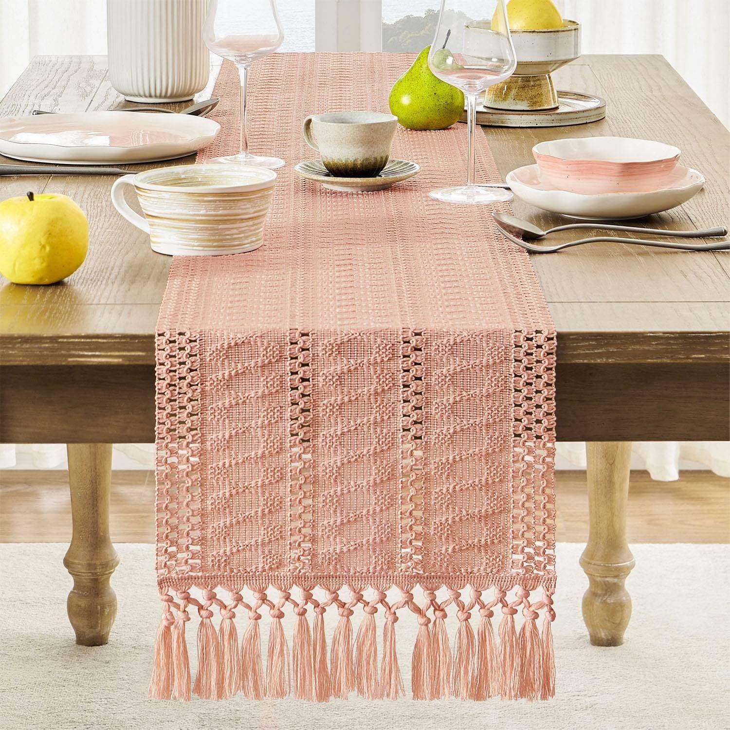 Style Boho Table Runner, Pink Table Runners 90 Inches Long, Farmhouse Woven Home Decor, 12x90 Inch, Rose Pink