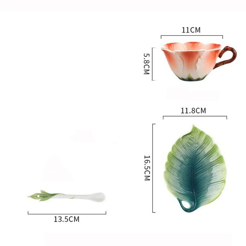 3D Ceramic Coffee Mug and Saucer Set with Spoon Flower Leaf Coffee Mug Tea Cup with Decorative Handle Vintage Floral Drinking Cups Unique Gifts for Birthday Wedding Christmas 6oz Pink