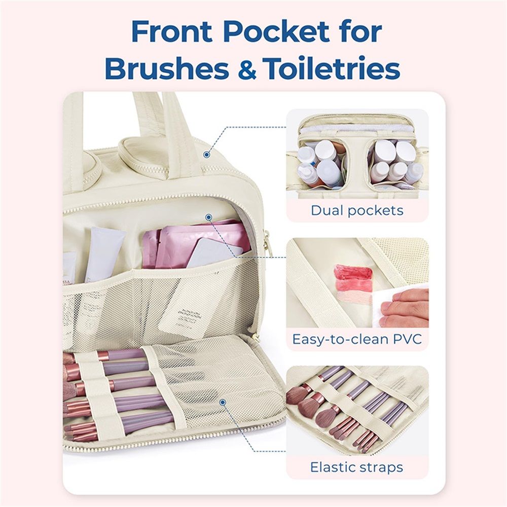 Travel Toiletry Bag for Women, Large Wide-open Puffy Cosmetic Makeup Bag with Wet-Dry Separation, Multi-Pocket Organizer with Carry Handle for Toiletries, Cosmetics, Essentials, Beige