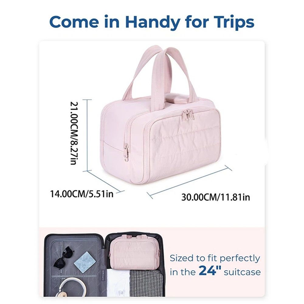 Travel Toiletry Bag for Women, Large Wide-open Puffy Cosmetic Makeup Bag with Wet-Dry Separation, Multi-Pocket Organizer with Carry Handle for Toiletries, Cosmetics, Essentials, Beige