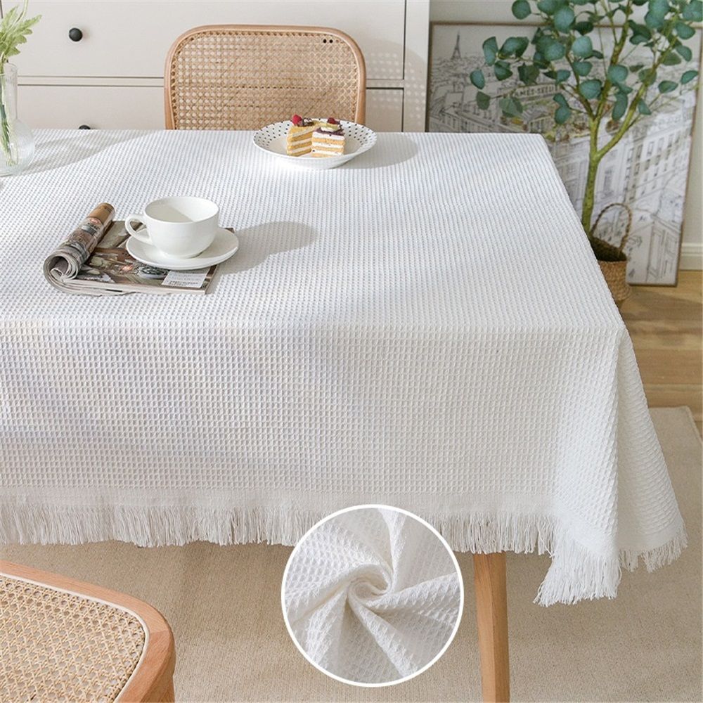 Polyester-cotton Fringed Home Rectangular Tablecloth,Outdoor Party Table Table Cloth for Dining Kitchen Room,White Table Cover Tablecloth Washable (White, 51"x 70")