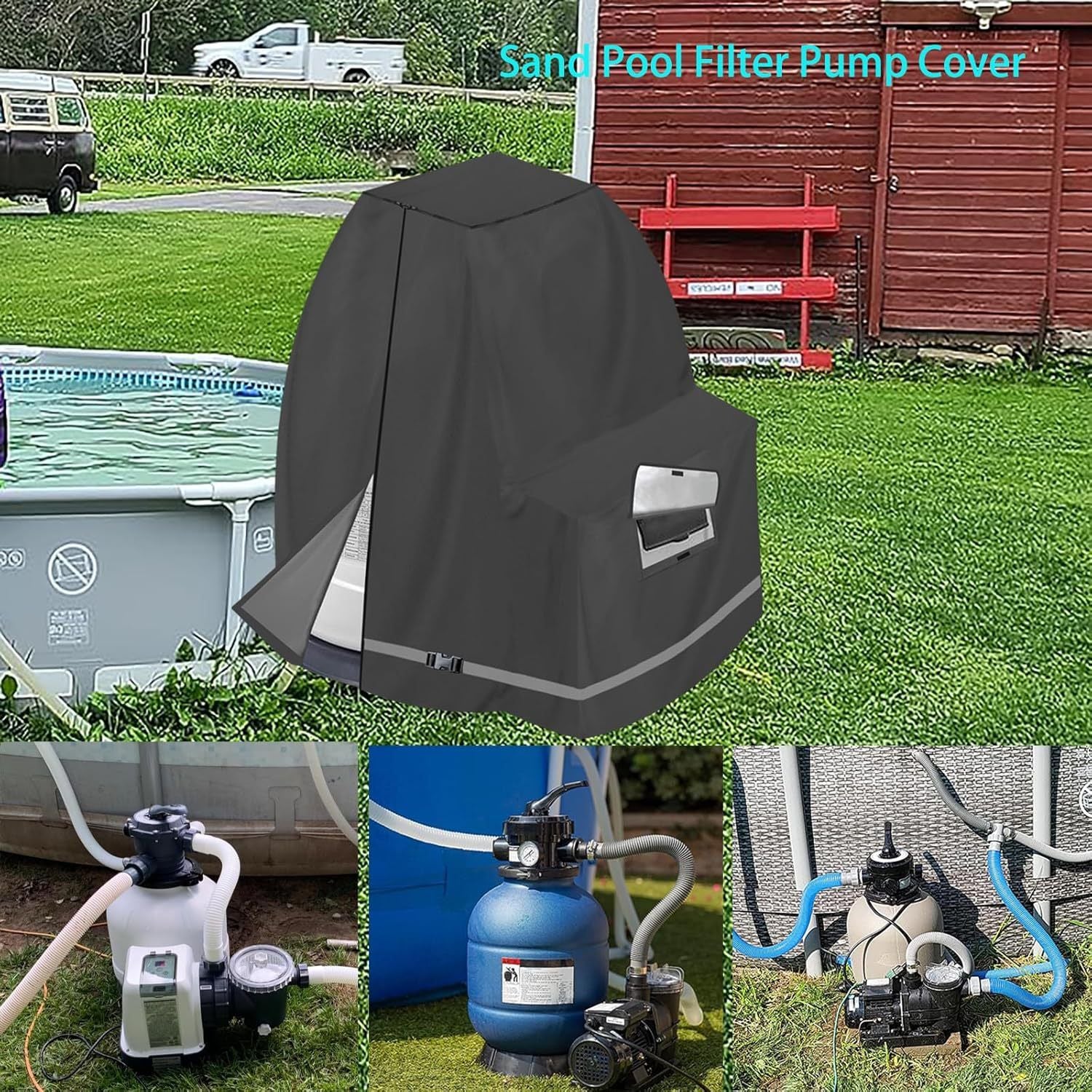 Sand Filter Pump Cover,Waterproof Anti-UV Above Ground Pool Pump Cover,Suitable for Most Popular Sand Filter on Market (Black)