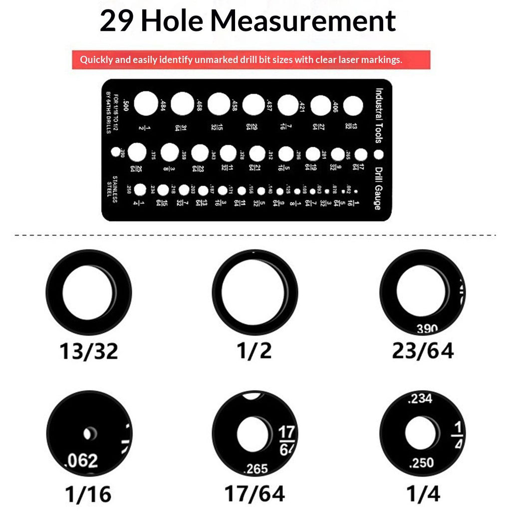2 pack  Stainless Steel Drill Gauge - 29-Holes Standard Metric Size, 1/16 Inch to 1/2 Inch Drill Bit Index, 1pc Black + 1pc Silver