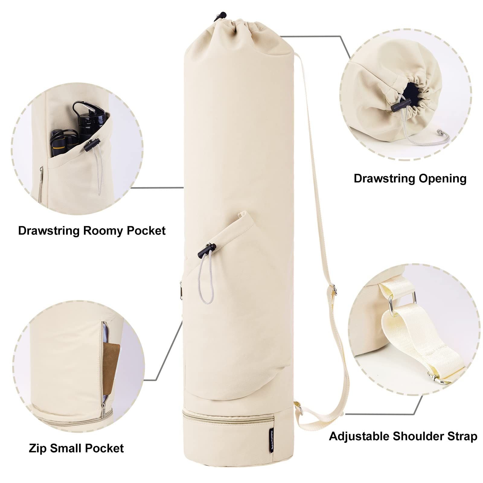 Yoga Mat Bag with Water Bottle Pocket and Bottom Wet Pocket, Exercise Yoga Mat Carrier Multi-Functional Storage Bag（only bag）