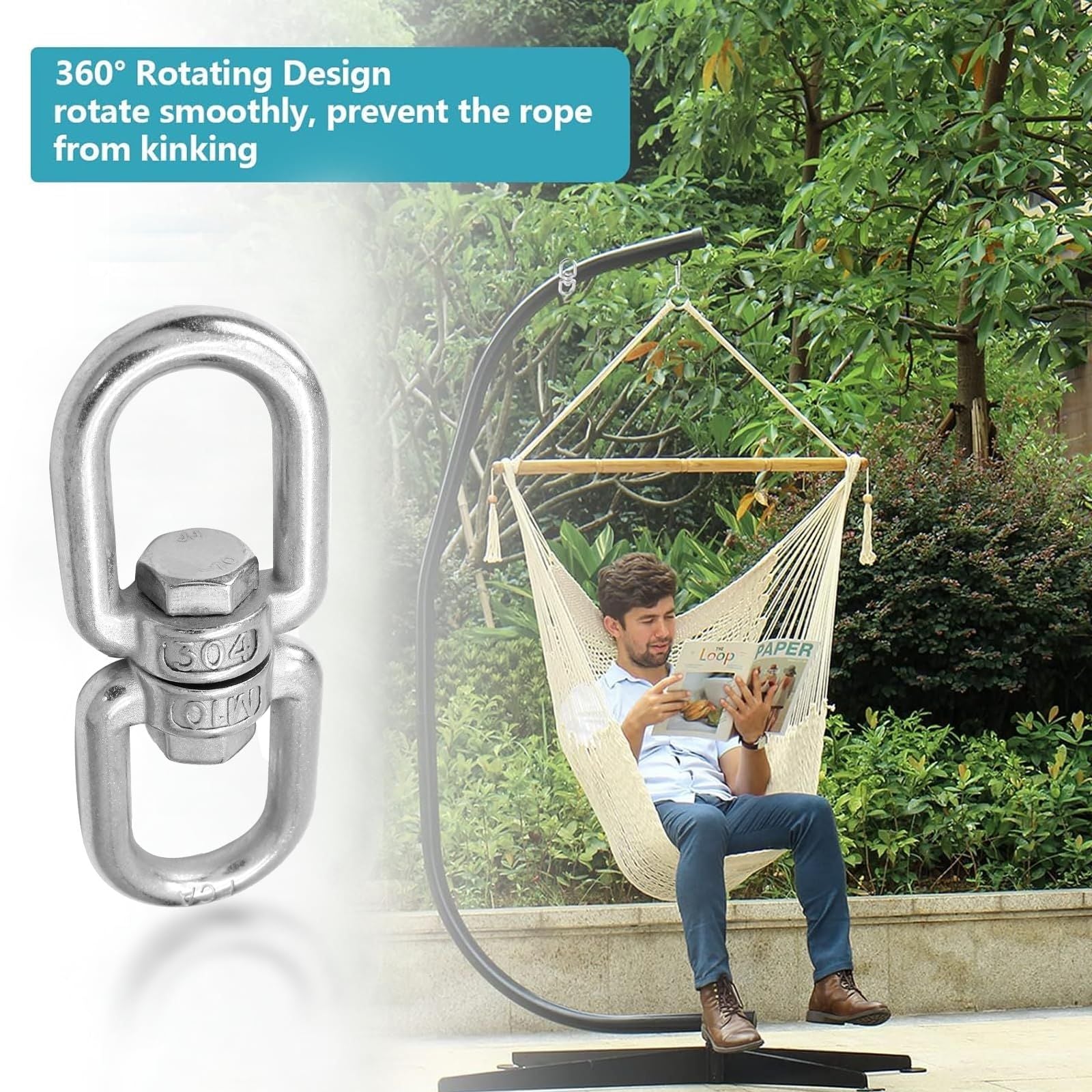 2 pack M10 Double Ended Swivel Hook, 304 Stainless Steel Eye to Eye Swivel Shackle Ring Connector, 2 Pcs
