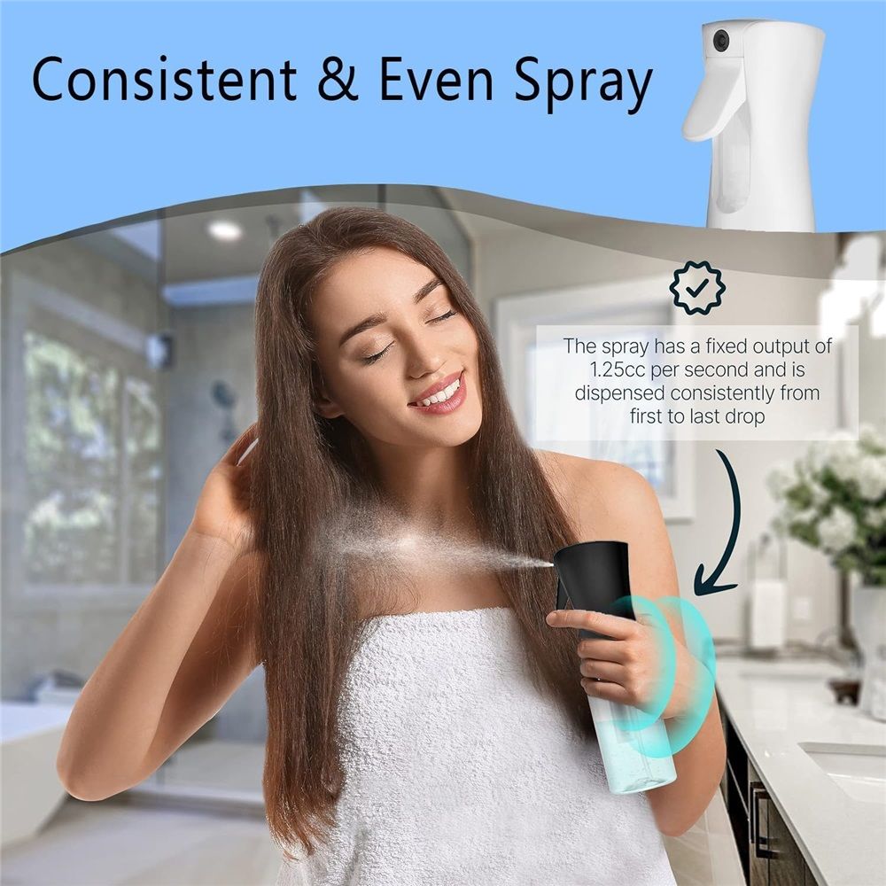 2 pack 300ML Clear Black Continuous Mister Spray Bottle for Hairstyling, Cleaning, Salons,Plants, Pets, Barbers