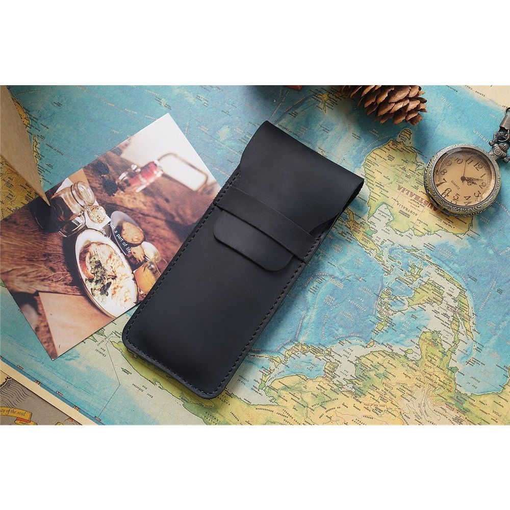 Leather Pen Case Pencil Pouch Holder Ballpoint Rollerball Pens and Pencils with Tuck in Flap,Classic Storage Gift, Black