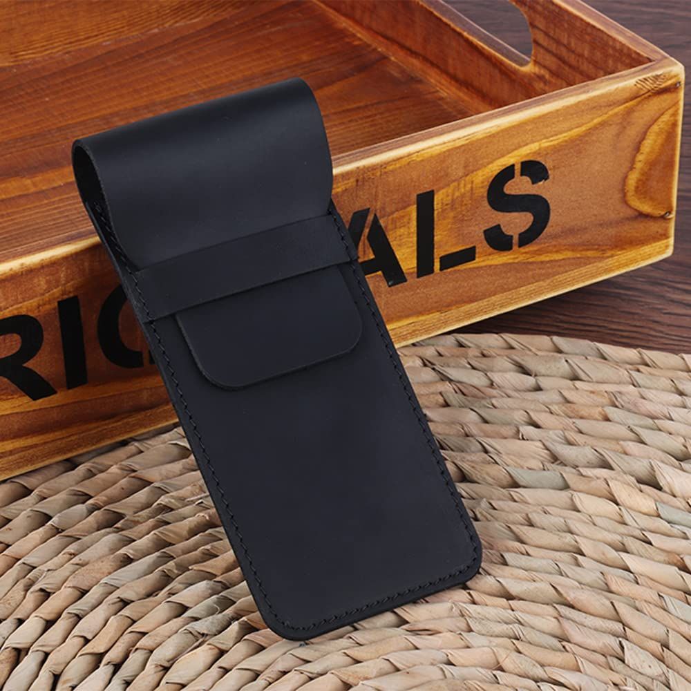 Leather Pen Case Pencil Pouch Holder Ballpoint Rollerball Pens and Pencils with Tuck in Flap,Classic Storage Gift, Black