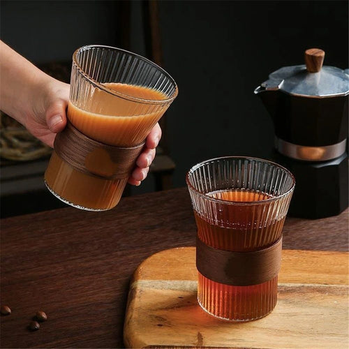 2 PCS Glass Coffee Mug 11.6oz with Bamboo Sleeve,Espresso Cups Drinking Cup set, Home Essential Glass Tumblers for Beer, Cocktail, Tea and Latte Clear