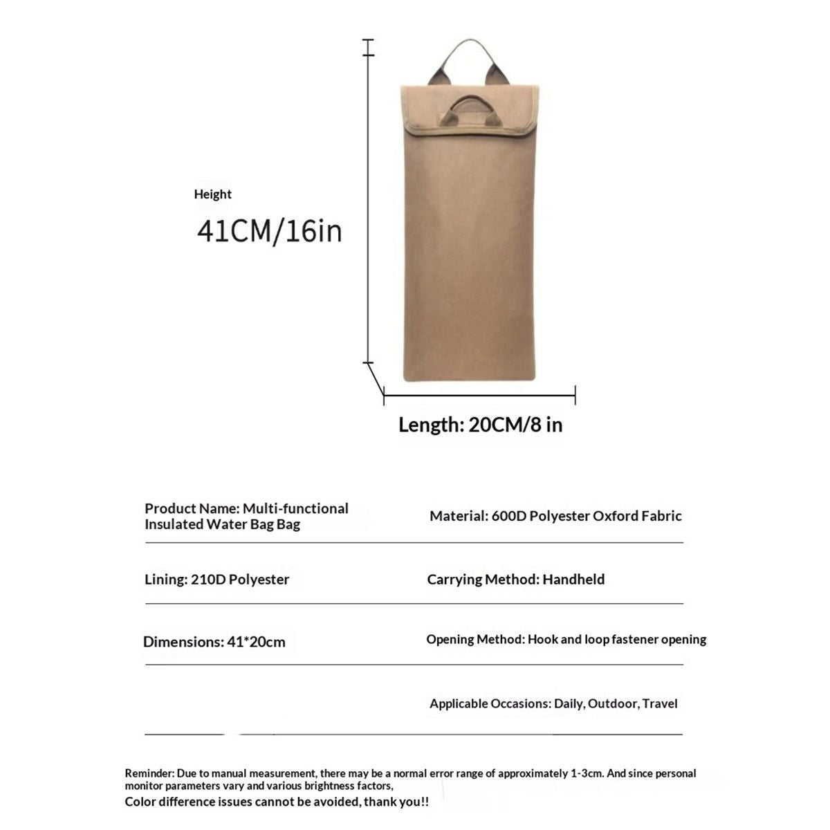 Water Bladder Insulator Bag, khaki polyester Hydration Insulation Sleeve Cover Cooler Accessories 3L Protective Bag Keep Cold（Excluding inner container）