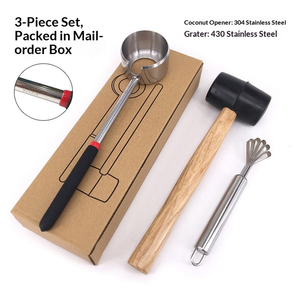 Stainless Steel Coconut Opener Set of 3, Tool Kit for Opening Fresh Coconuts, for Kitchens,Picnics and Beach Vacations