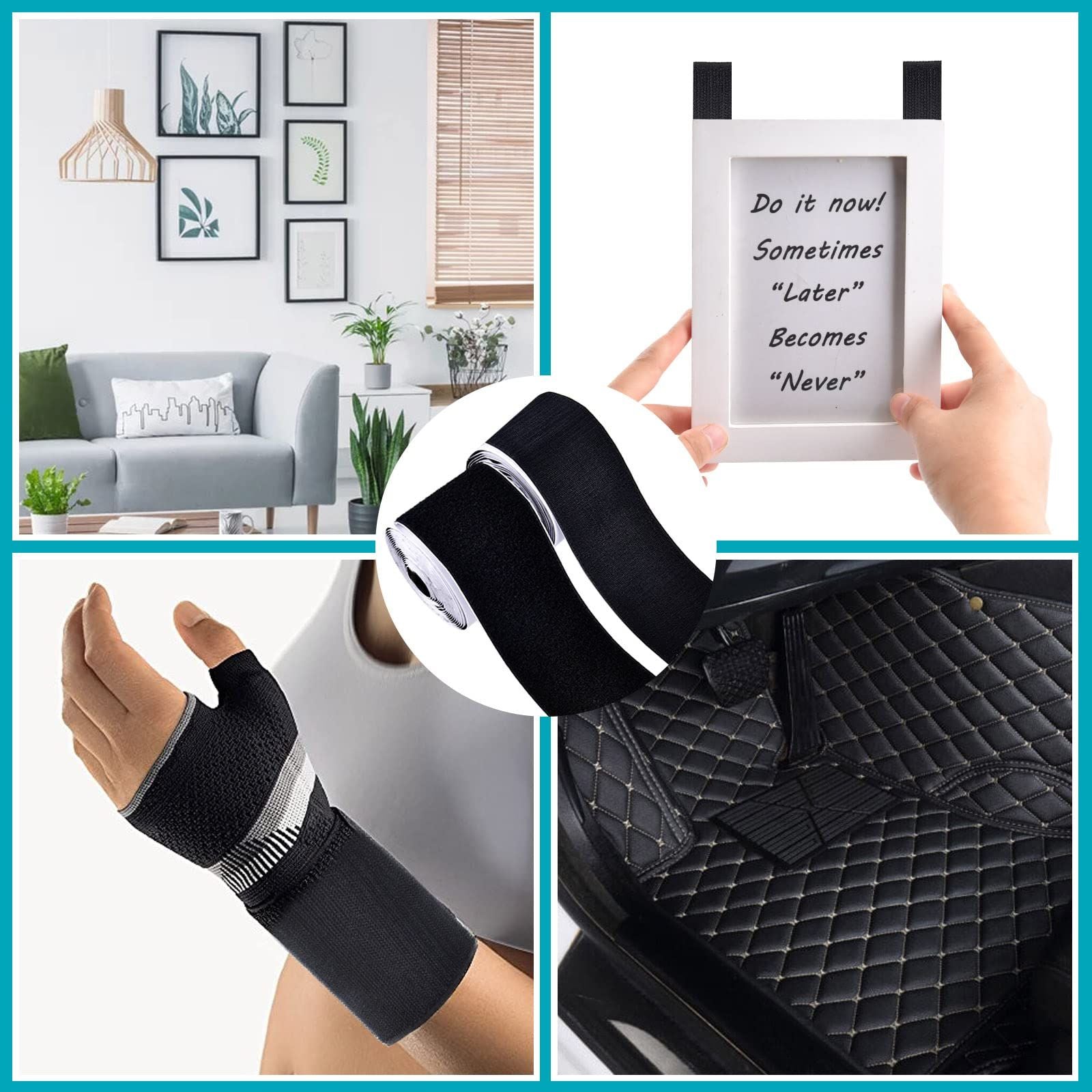4 Inch x 16.4 Feet Black Adhesive Hook Loop Tape Heavy Duty, Multi-Purpose Carpet Anti Slip Rug Gripper, Double Sided Hook Loop Rolls, Couch Cushion Grip, Bulk Sticky Straps Wall Hanging Strips