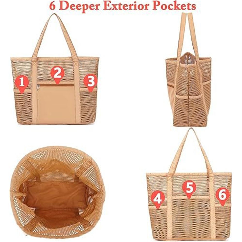 Mesh Beach Tote Bags for Womens, Causal Pool Bags for Swimming Pools Vacations Beach Essentials, brown