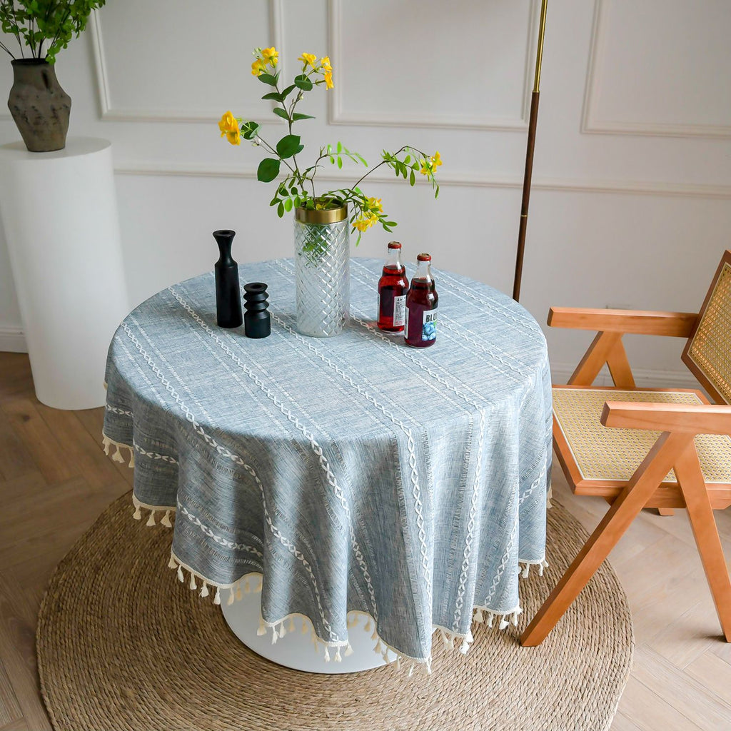 Rustic Farmhouse Round Tablecloth Cotton Linen Grey Dust-Proof Washable Embroidery Table Cover Heavy Weight Table Cloth for Party Kitchen Dining Tabletop Decoration 47.2 Inch