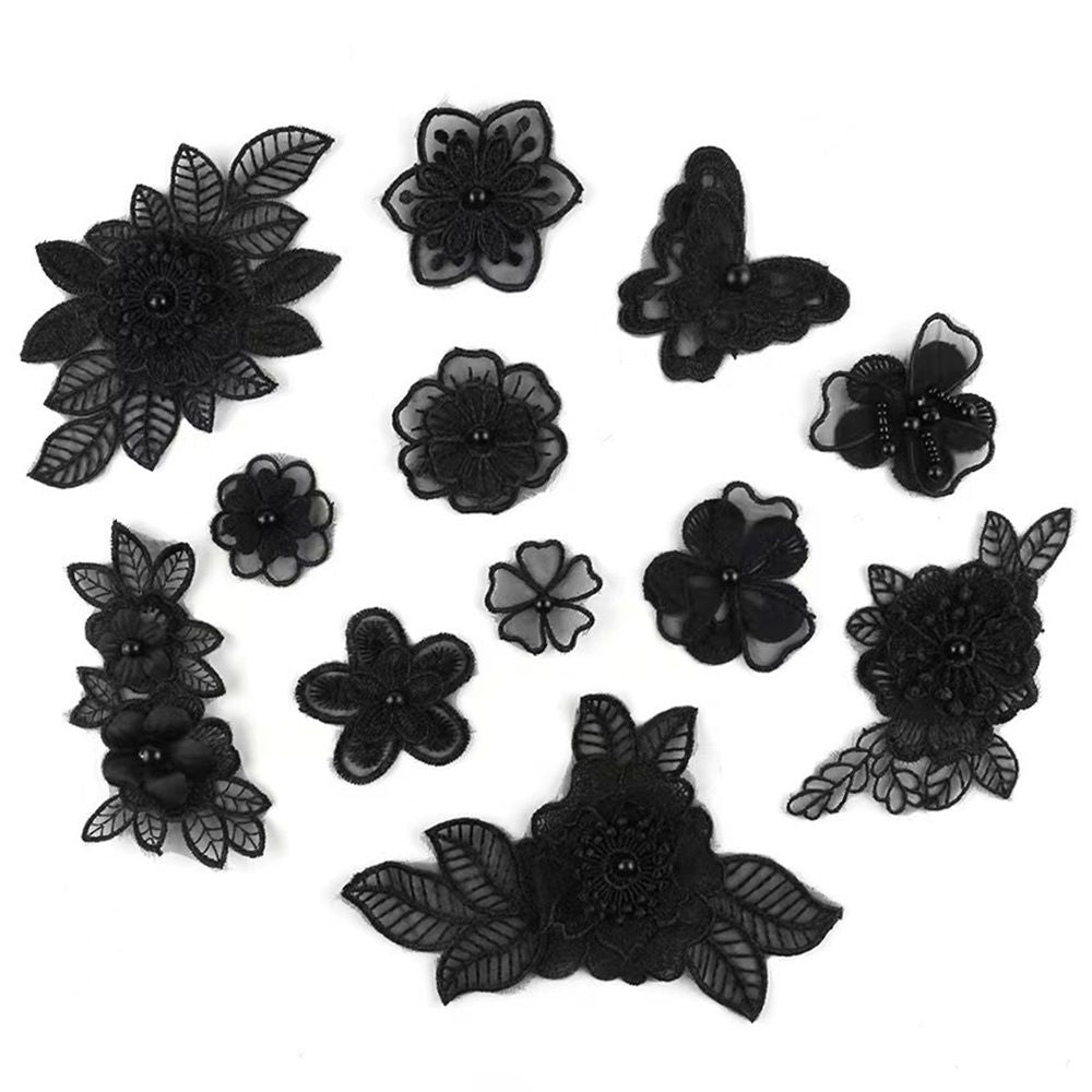 2 set Black Mixed Style Embroidery Lace Flower and Patches Appliques DIY Sewing Craft for Decoration, Sew On Patches for Repairing and Decorating