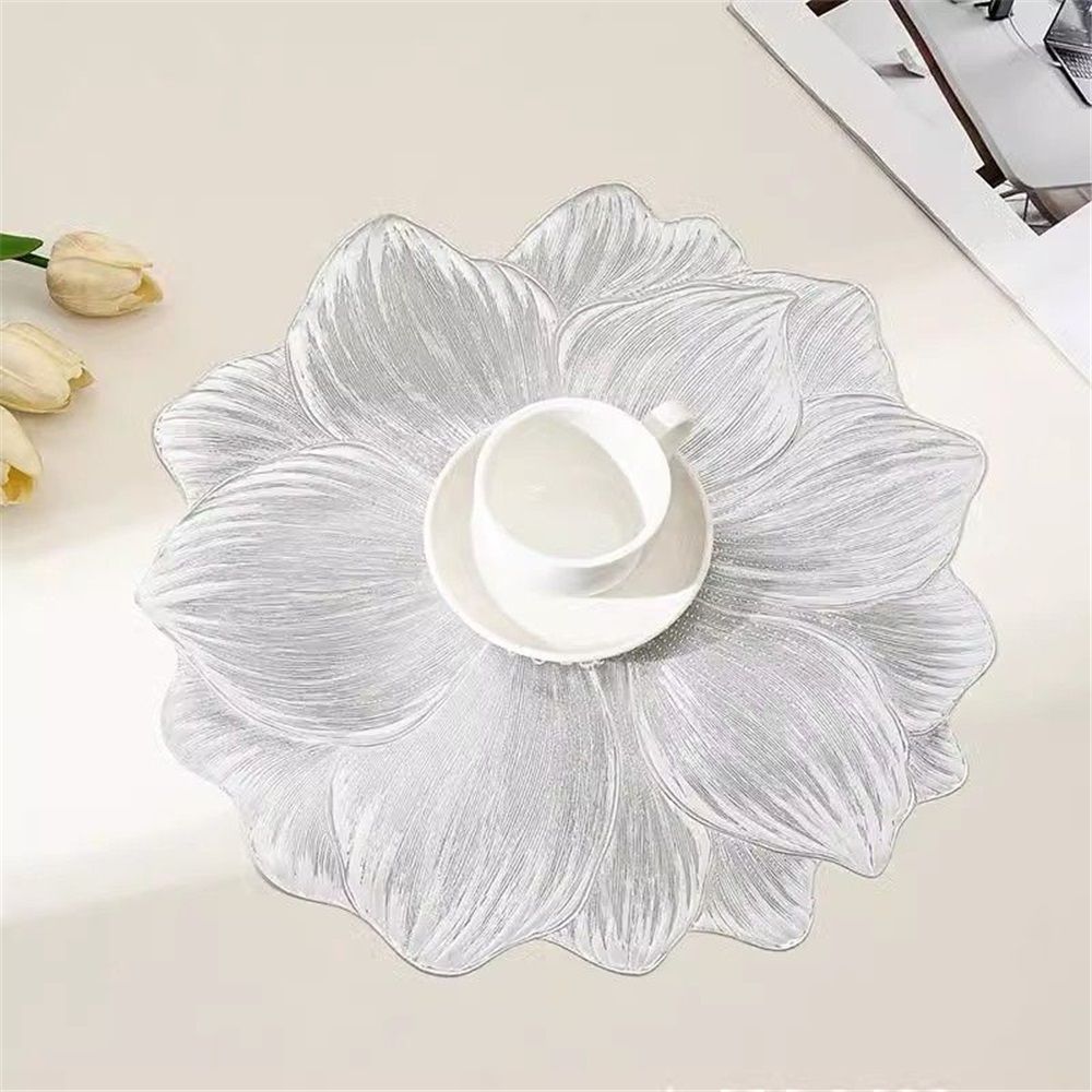 Silver Placemats 15" Set of 6, Pressed Lotus Flower Design, Washable & Non-Slip pvc - Perfect for Dinner, Holiday, Wedding Decor & Party Table Settings
