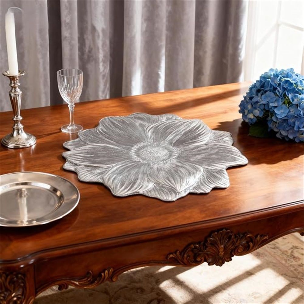 Silver Placemats 15" Set of 6, Pressed Lotus Flower Design, Washable & Non-Slip pvc - Perfect for Dinner, Holiday, Wedding Decor & Party Table Settings