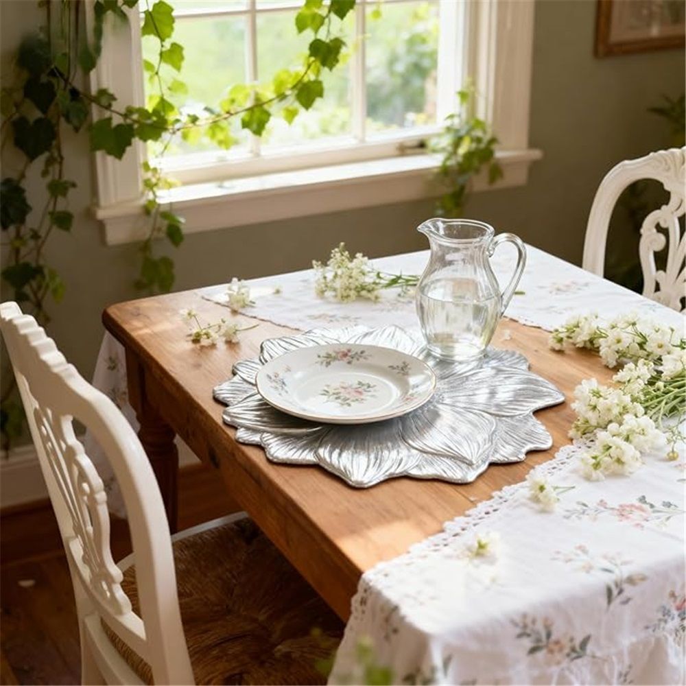 Silver Placemats 15" Set of 6, Pressed Lotus Flower Design, Washable & Non-Slip pvc - Perfect for Dinner, Holiday, Wedding Decor & Party Table Settings