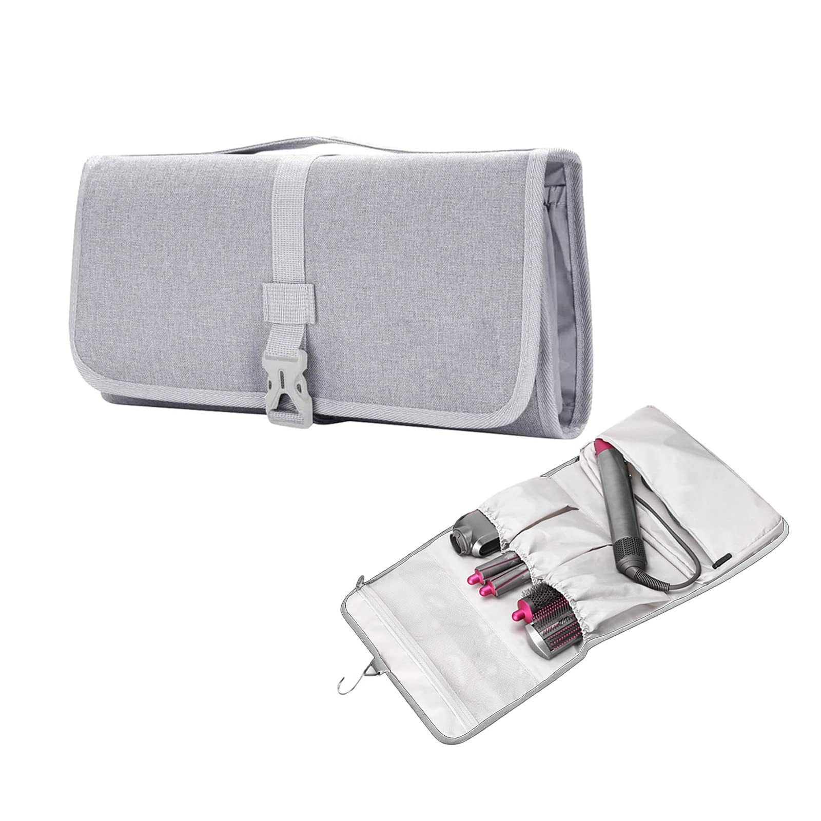 Travel Carrying Protective Case with Airwrap Styler, Portable Hanging Curling Iron Storage Bag, Travel Bag with Hanging Hook (gray)