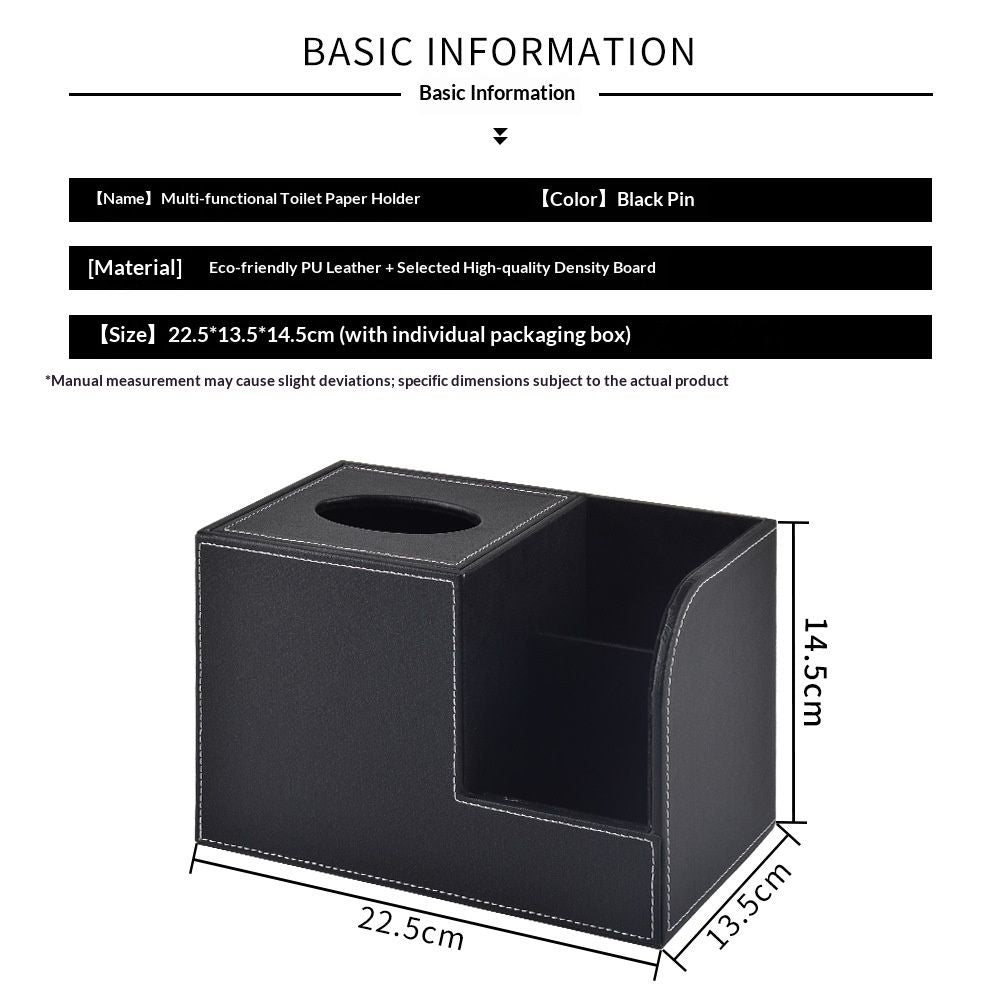 PU Leather Tissue Box Cover with Remote Control Holder, Square Tissue Box Holder for Living Room Bathroom Office (black,only box)