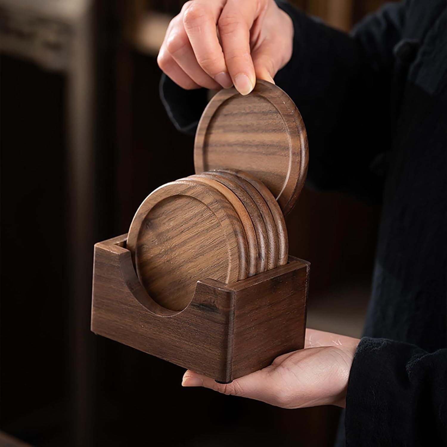 Coasters for Drinks Coffee Table Walnut Drink Coasters Set 6 PCS Wood Cup Coasters 3.5 Inch Non-Slip Round Wooden Coffee Mats with Holder for Bar Party