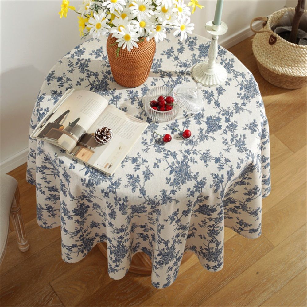 Cotton Vintage Round Tablecloth Floral Pastoral Table Cloth Washable Table Cover for Indoor&Outdoor,Farmhouse Decor,Picnic,Tabletop Decoration (Blue Floral, Round 55")