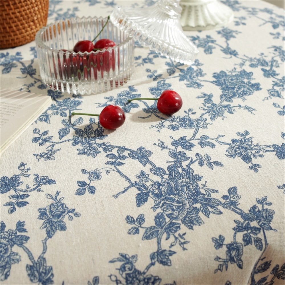 Cotton Vintage Round Tablecloth Floral Pastoral Table Cloth Washable Table Cover for Indoor&Outdoor,Farmhouse Decor,Picnic,Tabletop Decoration (Blue Floral, Round 55")