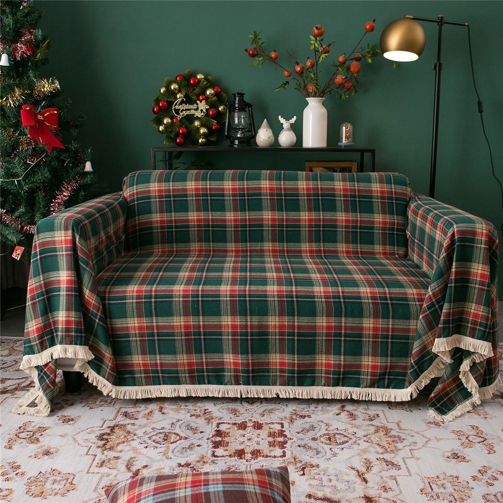 Plaid Couch Cover Checkered Sofa Covers Decorations Green and Red Grid Couch Cover for Farmhouse Home Decor Couch Protector for Dogs, 71"x 118"