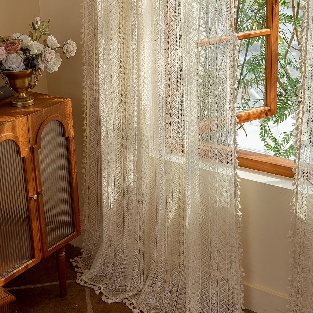 2 pack Boho Semi Sheer Curtains 55 inch Length 2 Panel Set for Bedroom & Farmhouse, Bohemian Light Filtering Privacy Drapes Tassels Shabby Chic Embroidery Window Curtains