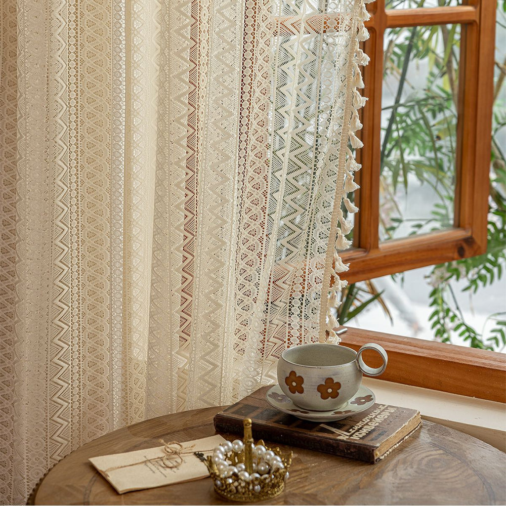 2 pack Boho Semi Sheer Curtains 55 inch Length 2 Panel Set for Bedroom & Farmhouse, Bohemian Light Filtering Privacy Drapes Tassels Shabby Chic Embroidery Window Curtains