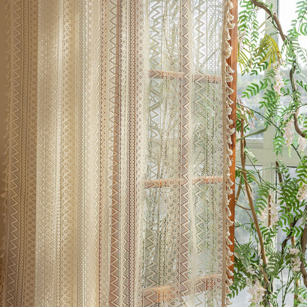 2 pack Boho Semi Sheer Curtains 55 inch Length 2 Panel Set for Bedroom & Farmhouse, Bohemian Light Filtering Privacy Drapes Tassels Shabby Chic Embroidery Window Curtains