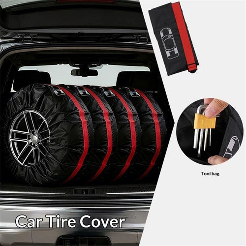 4 PCS Tire Cover, Seasonal Tire Totes, Wheel Tires Storage Bags, Waterproof Dustproof Wheel Covers Fit for 19"-23" Tyres (Diameter 80cm)-Black/Red