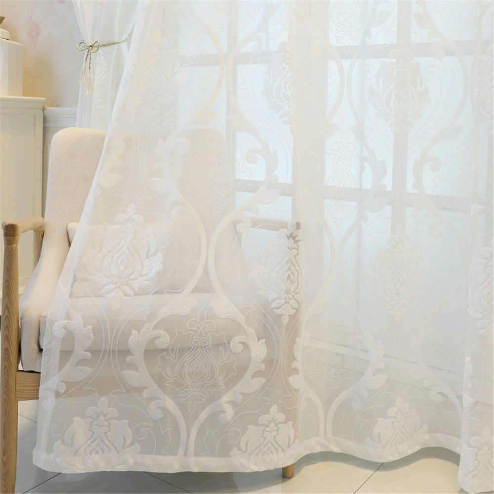 White Sheer Curtains 200cm Long for Living Room - Pattern Embroidered Leaf Light Filtering Grommet Window Semi Sheer Voile Spring Decor Drapes, Each Panel 100*200cm