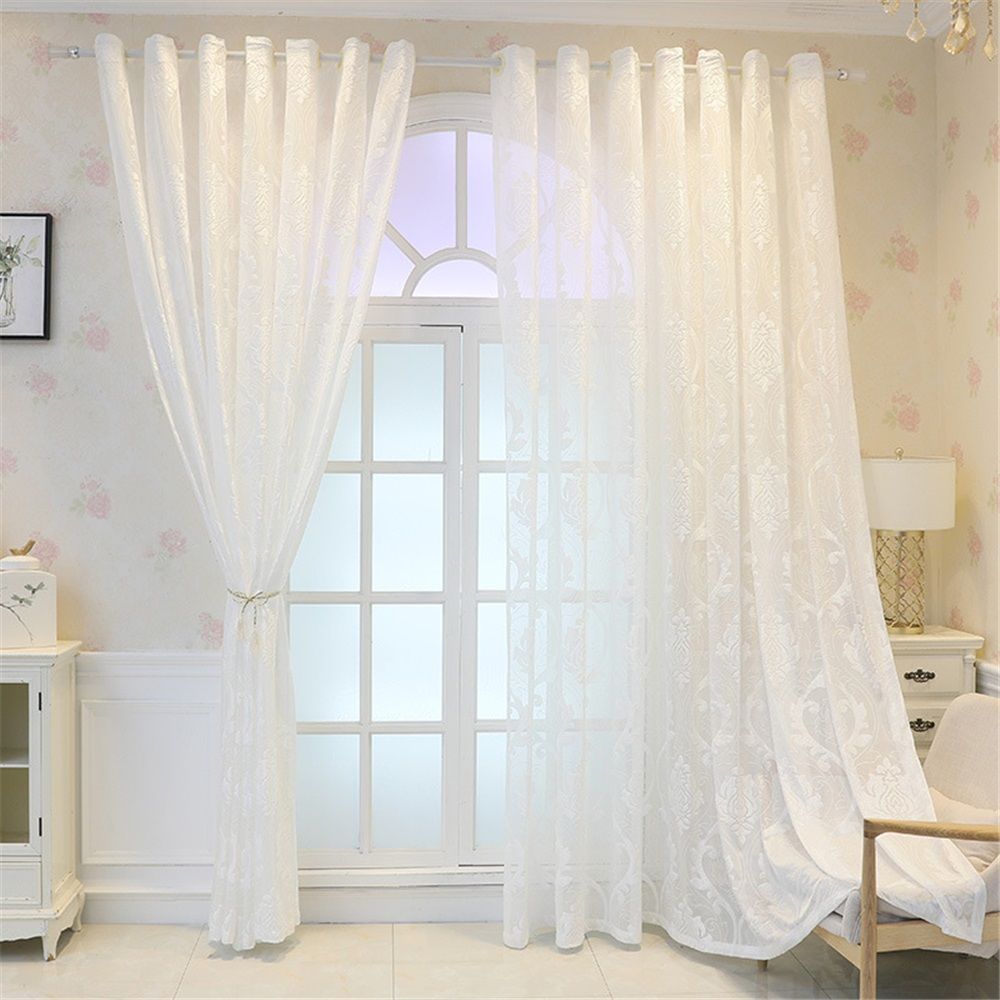 White Sheer Curtains 200cm Long for Living Room - Pattern Embroidered Leaf Light Filtering Grommet Window Semi Sheer Voile Spring Decor Drapes, Each Panel 100*200cm