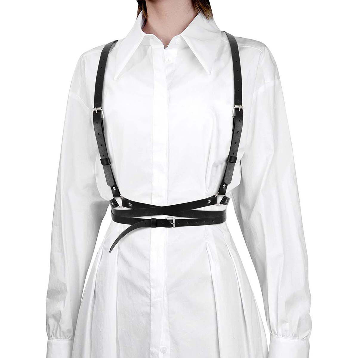 Punk Waist Belt Women PU Leather Skinny Body Adjustable Belts with Gothic Circle for Party, Nightclub, Dating