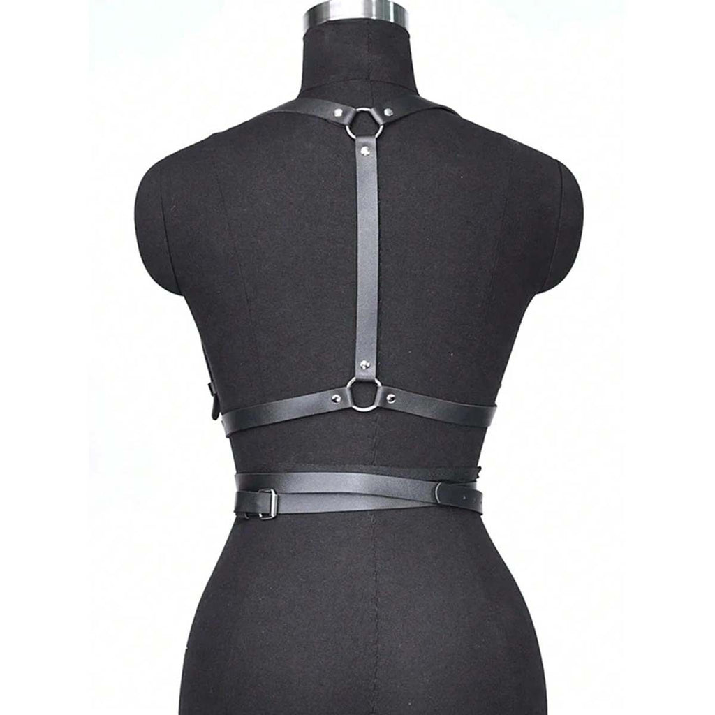 Punk Waist Belt Women PU Leather Skinny Body Adjustable Belts with Gothic Circle for Party, Nightclub, Dating