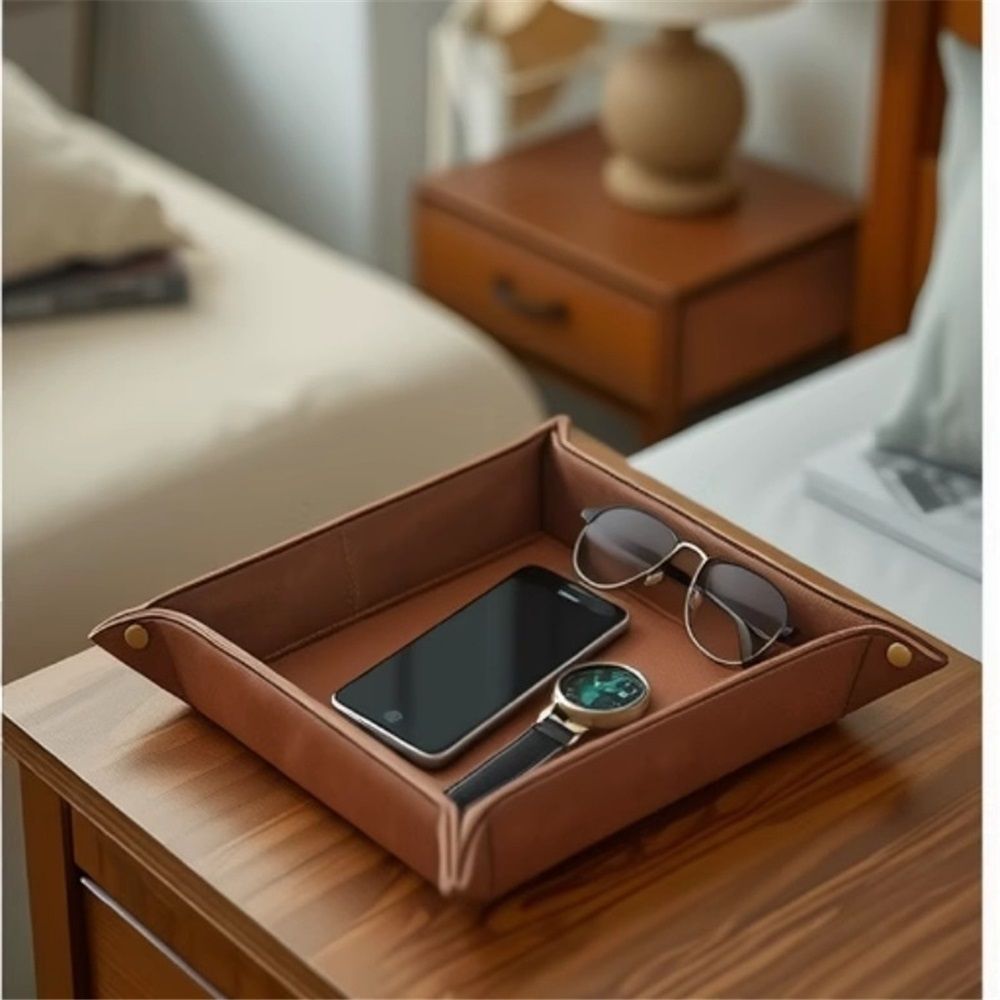 Valet Tray Desktop Storage Organizer, Removable 2 Compartments Catchall Tray Bedside Vanity Nightstand Caddy Holder Desk Storage Plate, Brown