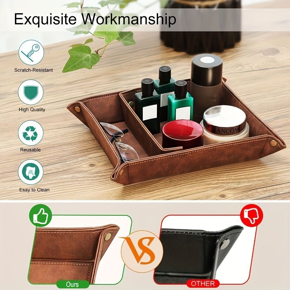 Valet Tray Desktop Storage Organizer, Removable 2 Compartments Catchall Tray Bedside Vanity Nightstand Caddy Holder Desk Storage Plate, Brown