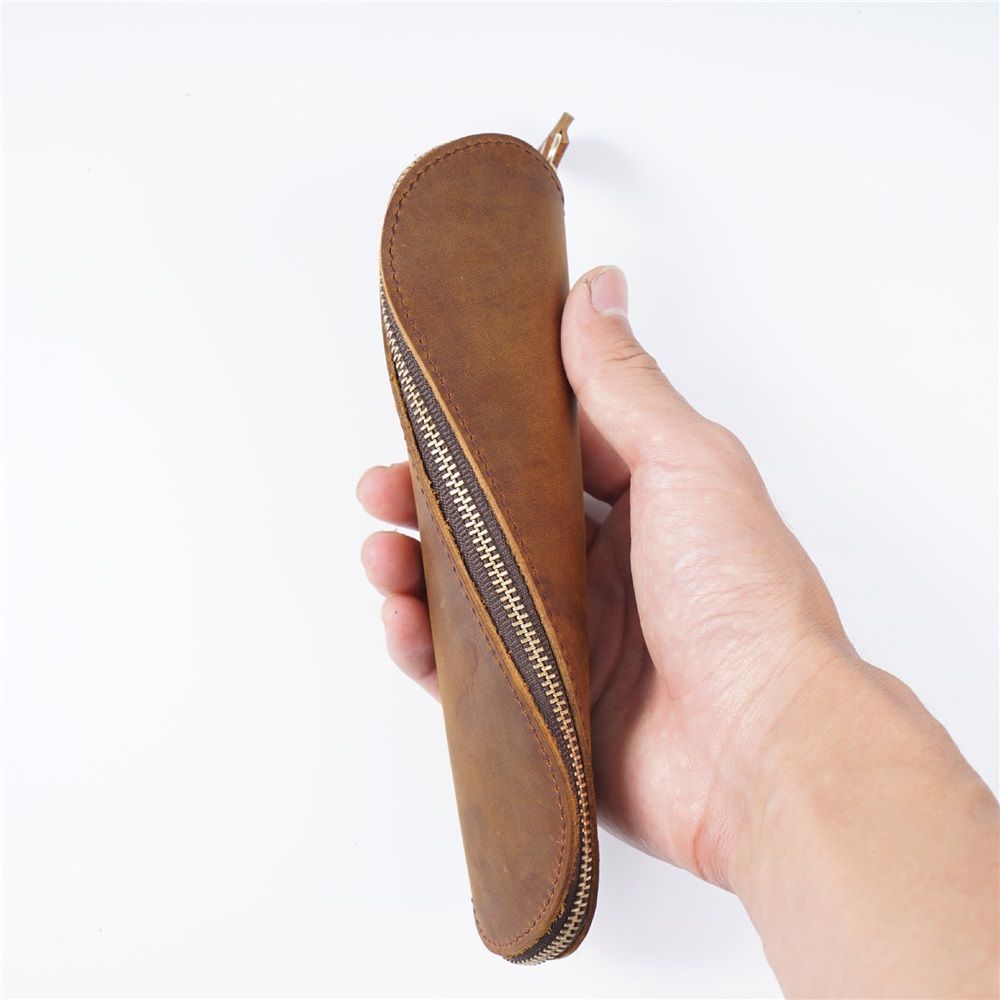 Leather Pen Case Pencil Bag Pouch With Zipper Pen Holders Handmade Genuine Leather For Men Women Businessmen And Artists Home Work Office (Brown,Excluding pencils)