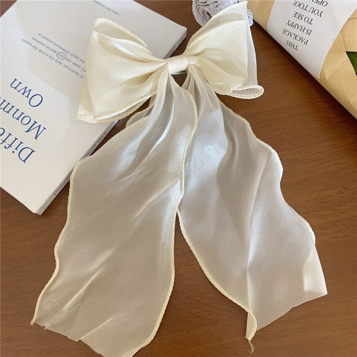 2 pack Vintage Long Silk Bow Hair Clip Barrette Ribbon Mesh Bow Head Clip Headwear Bowknot Accessories for Women (beige)