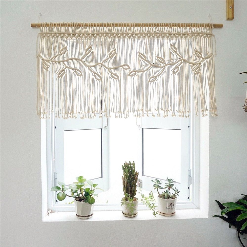 Curtain for Windows 100*55cm Farmhouse Boho Curtains for Bedroom Window Valance with Tassels Leaf Valance Treatments for Bedroom Livingroom Kitchen Bathroom Wall Decor（rodless）