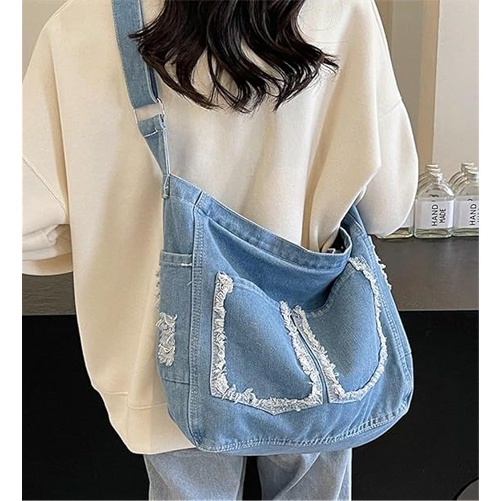 Denim Tote Bag for Women Blue Large Jean Casual Shoulder Purse Crossbody Handbag, Purse Casual Work Handbag Top Handle Satchel